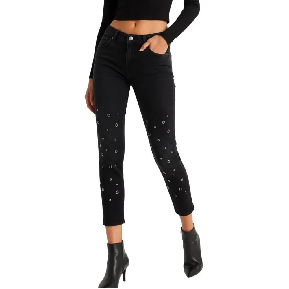 Hudson Jeans Riley Crop Straight Jeans 26 Black Stud Stars Grommet Stretch Denim
